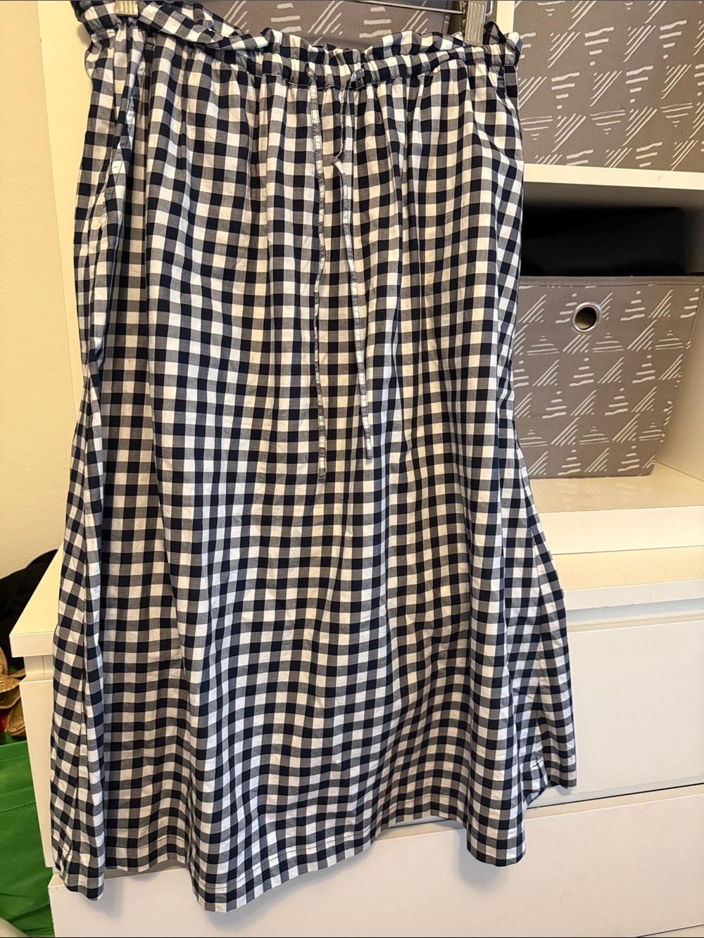 J. Crew Navy and White Gingham A-Line Skirt with Drawstring Waist